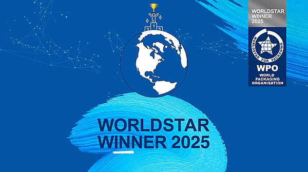 Logo for WorldStar Award winner 2025. A blue planet earth set on a blue background with lighter blue brushstroke.